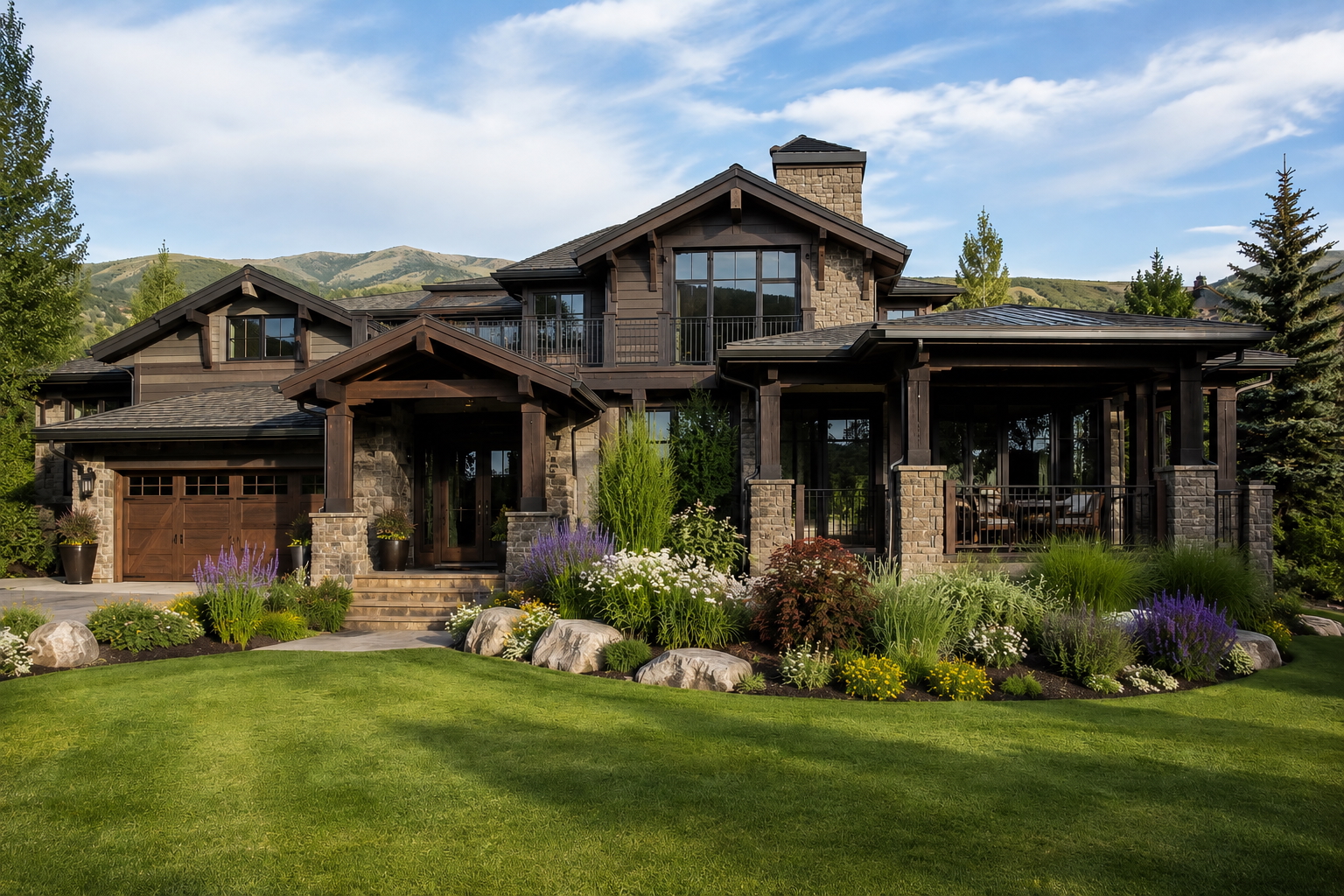 Luxury mountain home in Park City, Utah with a lush, healthy green lawn